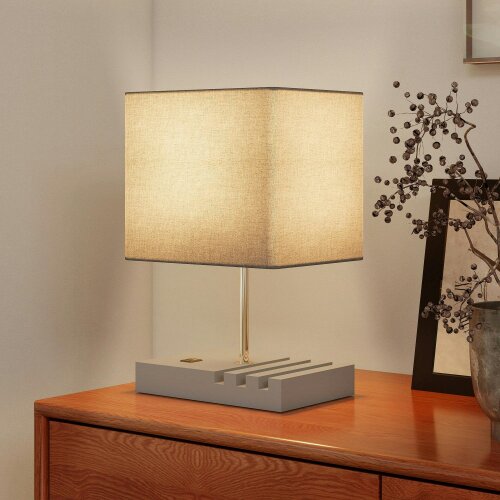Wyld Haus Kata Wood And Fabric Grey Bedside Table Lamp With USB Charging Ports Phone Stands And Fabric Shade