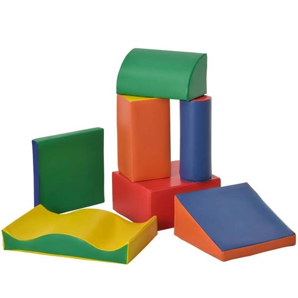 7-piece foam play blocks with red, blue, green, yellow curved and flat shapes