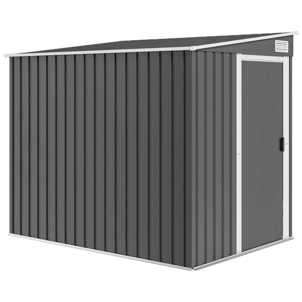 Dark grey galvanised metal shed with sliding door, front view, corrugated panels