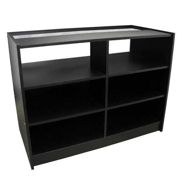B1200 retail shop counter in sleek black, featuring open shelves and a modern design, ideal for displaying products and enhancing store aesthetics