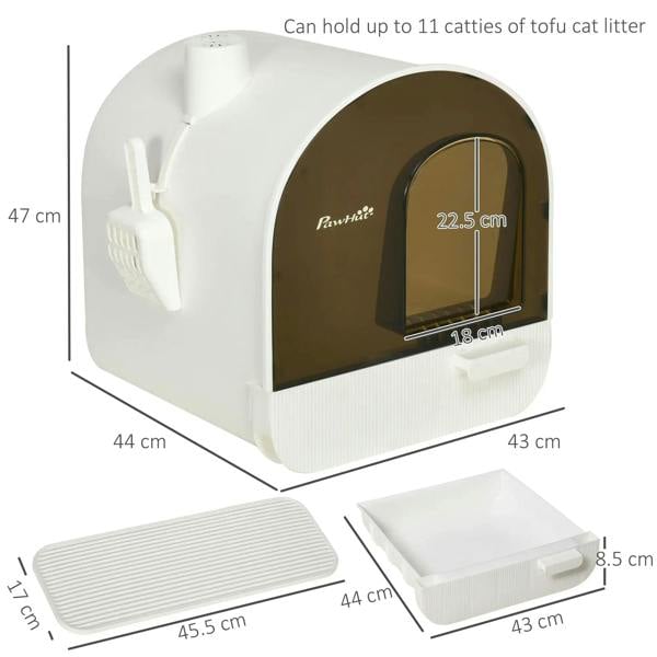 White hooded cat litter box with side scoop holder and large entry flap