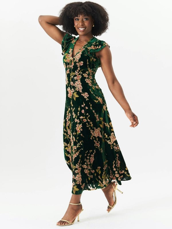 Gini London Green Floral Devore Ruffle V Neck Midaxi Dress