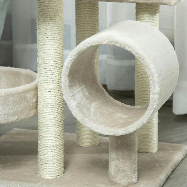 Beige round tunnel arch attached to a cat tree scratching post and base platform.