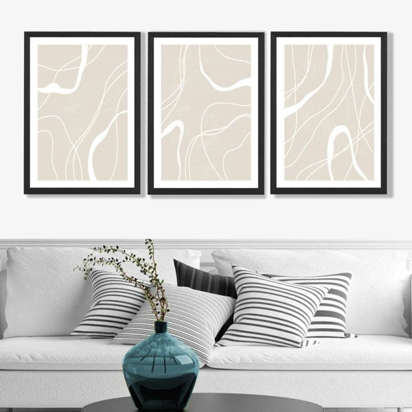 Set of 3 Abstract Neutral Beige Art Prints in Luxury Frames | Artze UK