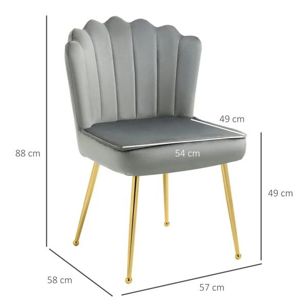 Grey shell accent chair with labeled dimensions and gold legs
