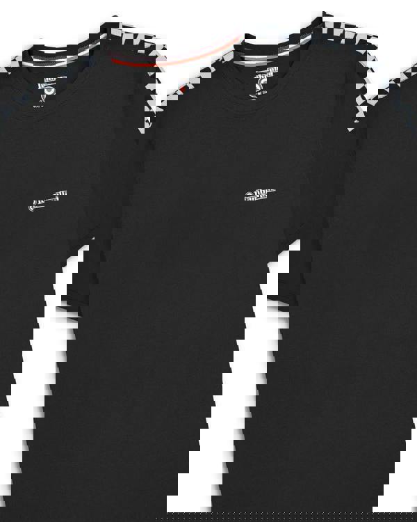 Lambretta Mens Two Tone Taped Casual Mod Ska Casual T-Shirts, black T-shirt with checkered shoulder detail and Lambretta logo on the chest.