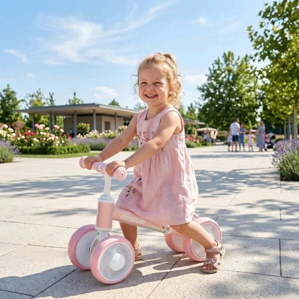Baby Balance Bike for 1-2 Years Old, Light-up Toddler Balance Bike with Adjustable Seat, 4 Silent EVA Wheels, Pink