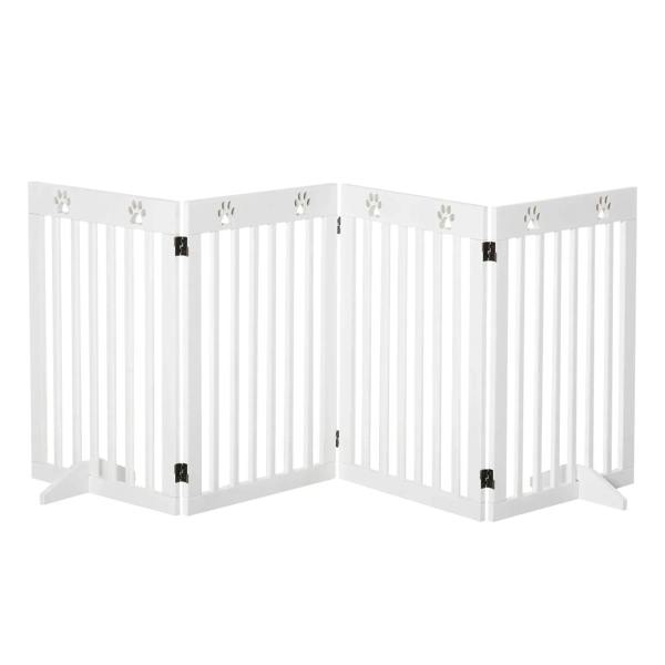 White foldable wooden pet gate with paw detail corner sections and centered latch