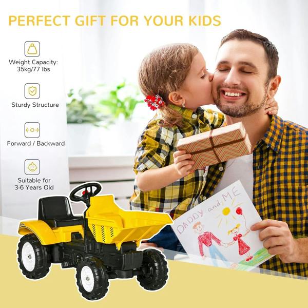Yellow kids ride-on tractor go-kart with black steering wheel and front bucket