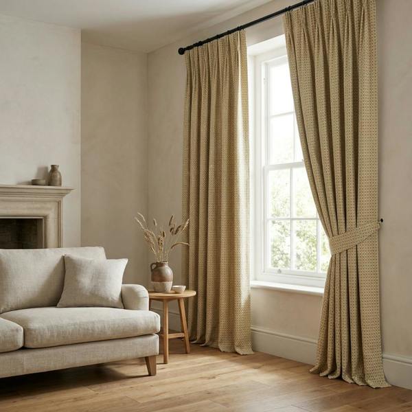 Limoges* made-to-measure curtains in Ochre, styled in a living room