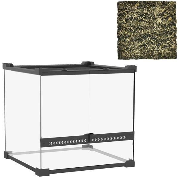 Black glass reptile terrarium with front ventilation and stone-effect background panel