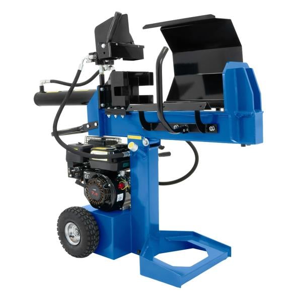 15T log splitter in blue with sturdy wheels, a powerful engine, and a robust splitting mechanism for efficient wood...