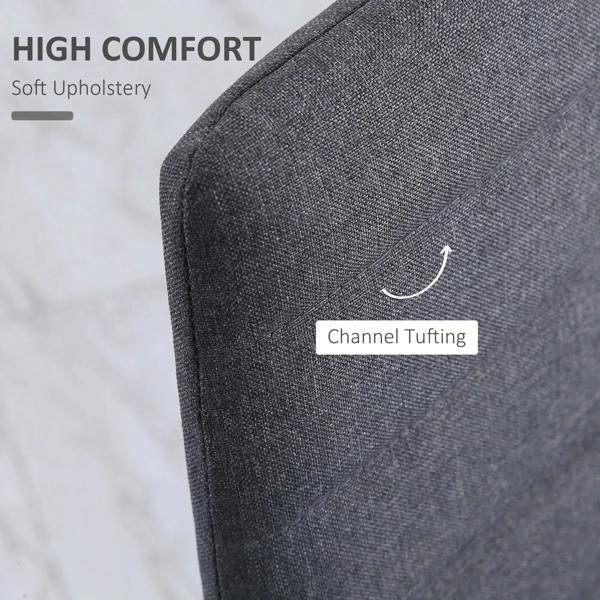 Grey upholstered high-back dining chair with channel tufting and linen-touch fabric