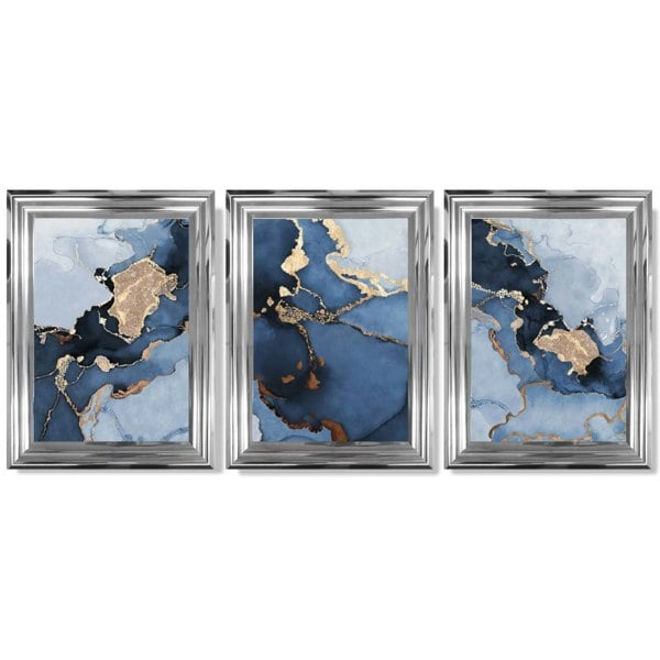 Artze Wall Art Framed Set of 3 Abstract Art Prints of Paintings Navy Blue and Gold