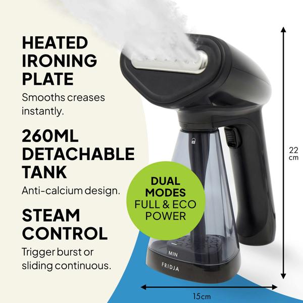 Fridja Commercial Garment Care Trio – f1600 Steamer, f10 Handheld & f40 Fabric Shaver features a handheld clothes steamer with heated plate, 260ml detachable tank, dual modes, steam control, and measures 22 cm tall x 15 cm wide. Features listed on left.