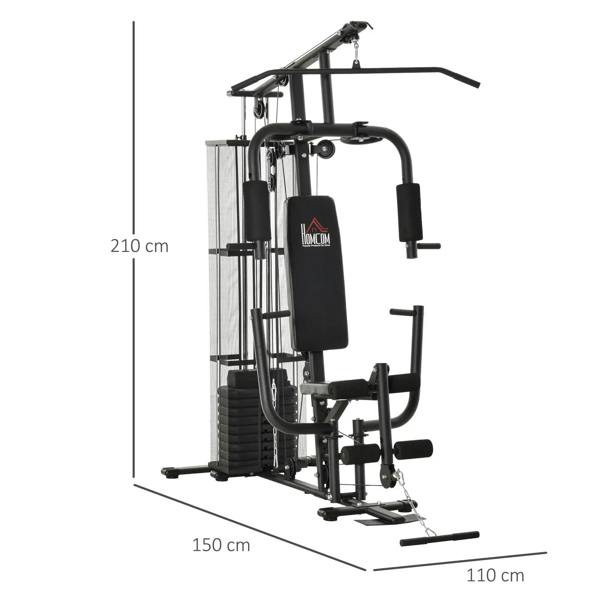Black multifunction weight training station with head and chest pads, pulleys, and foot base