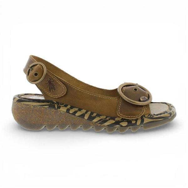 Fly London TRAM723FLY - Women’s Camel Brown Leather Wedge Sandals