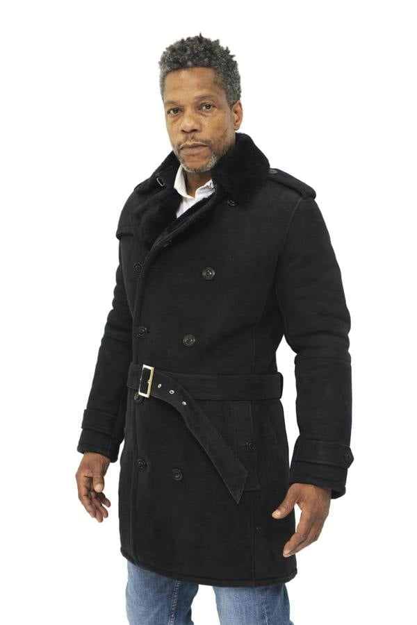 Infinity Leather Mens Shearling Sheepskin Suede Pea Coat-Cali