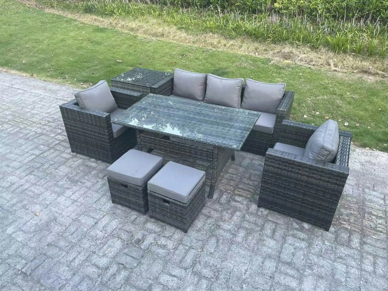 Fimous 7 Seater Rattan Garden Furniture Set Patio Outdoor Rectangular Dining Table Lounge Sofa Chair with Side Table 2 Small Stools Dark Grey Mixed