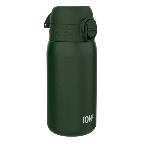 A dark-green ION8 water bottle sits on a white background. The bottle has a textured lid with a flip-top.