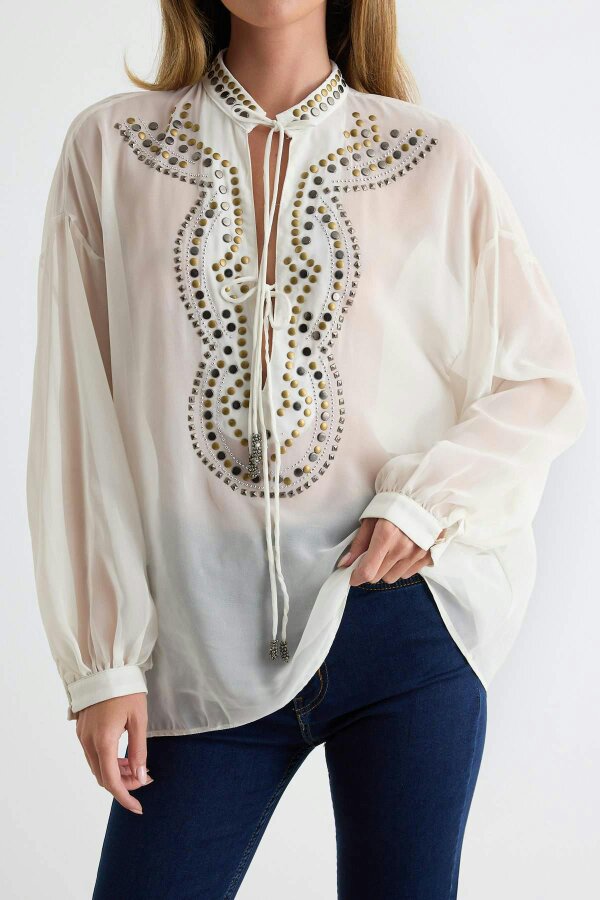 WOVCOR V Neck Drop Shoulder Embellished Crepe Blouse