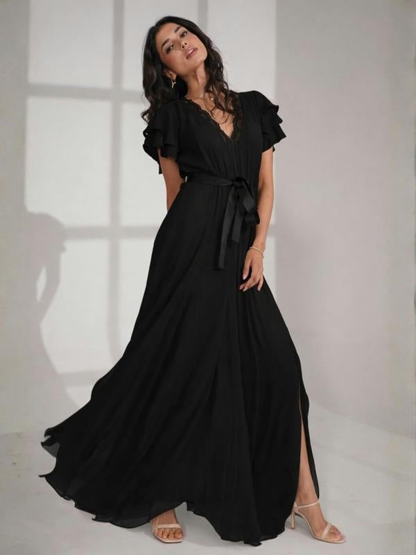 Rose & Nancy Chloe Black Lace Detail Tie Waist Maxi Dress