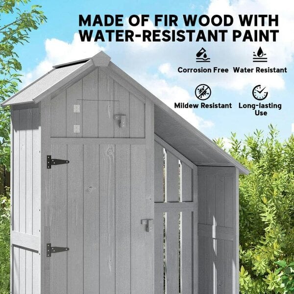 Garden Outdoor Storage Shed 3 Shelves Tilt Roof w/ Firewood Rack Log Carrier, 129L x 51.5W x 180H cm