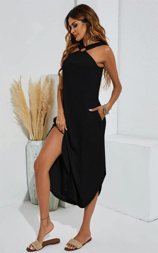 FS Collection Leg Slip Halter Neck Curve Hem Midi Dress In Black