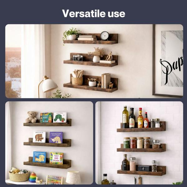 Levede Wall Shelves Set of 3 Floating Shelves High Edges For Living Room Brown