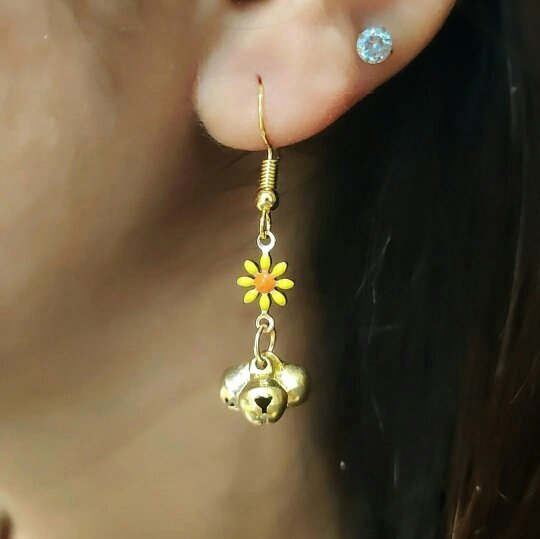 The Colourful Aura Small Sunflower Flora Ghungroo Charm Dainty Boho Hooks Drop Earrings