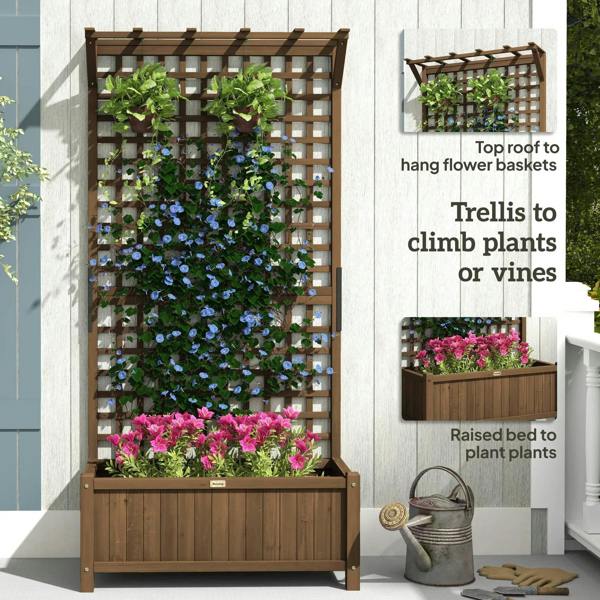 Brown wooden trellis planter with raised bed and vertical grid for vines or flowers