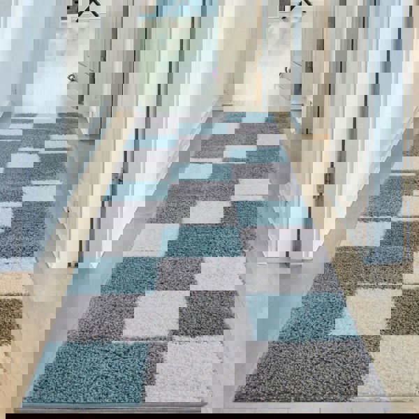 Geometric Design Thick Shaggy Area Rugs Duck Egg Blue