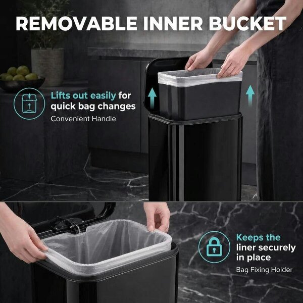 20 L Kitchen Pedal Bin, Metal Rubbish Bin with Removable Inner Bucket, Soft-Close & Stay-Open Lid, High Gloss Black