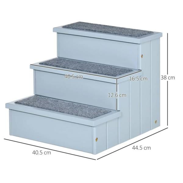 Grey 3-step pet stairs with storage compartment and textured gray carpet treads