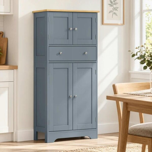 Kitchen Cupboard, Modern Freestanding Kitchen Storage Cabinet with Doors and Shelves, Grey Blue