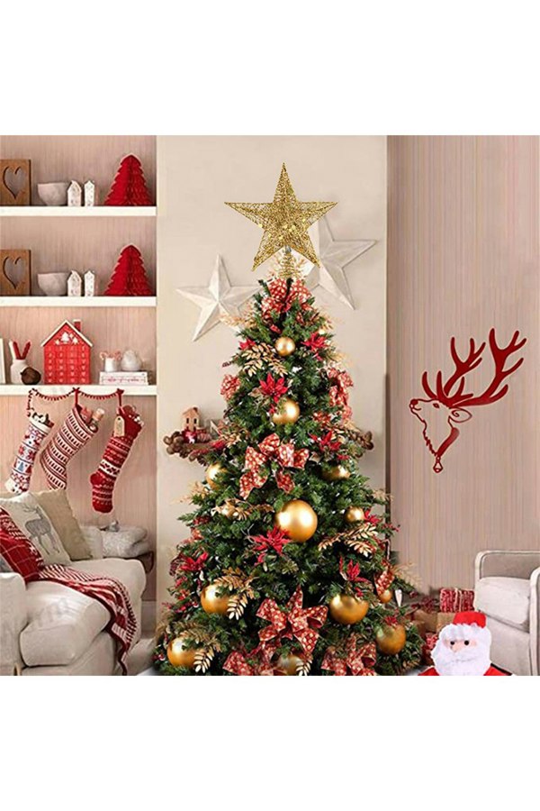 Living and Home Decorative Star Sequins Christmas Tree Topper with LED Lights