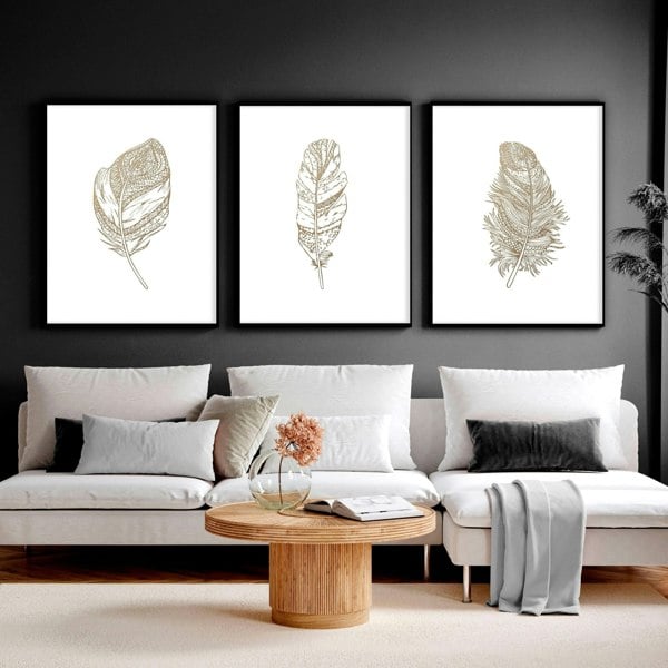 Gold artwork for living room | set of 3 Feathers wall art prints