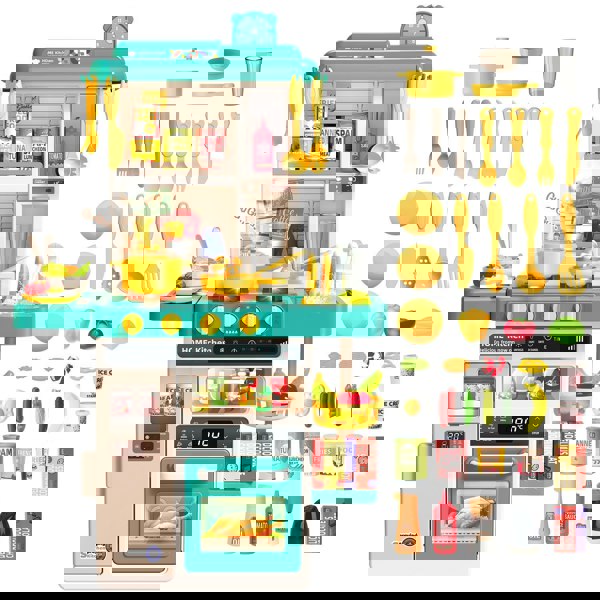 deAO Toys Kitchen Playset Green Kitchen Playset with Realistic Lights and Sounds, Simulated Spray Function