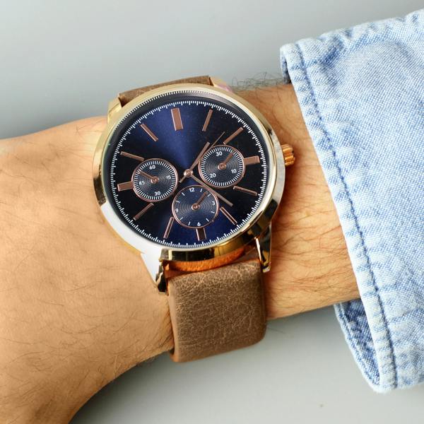 Personalised Men's Rose Gold Watch with Brown Strap and Presentation Box