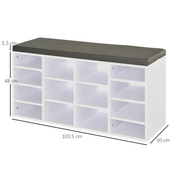 White shoe rack with dark cushioned lid, 103.5cm wide, 14 open compartments
