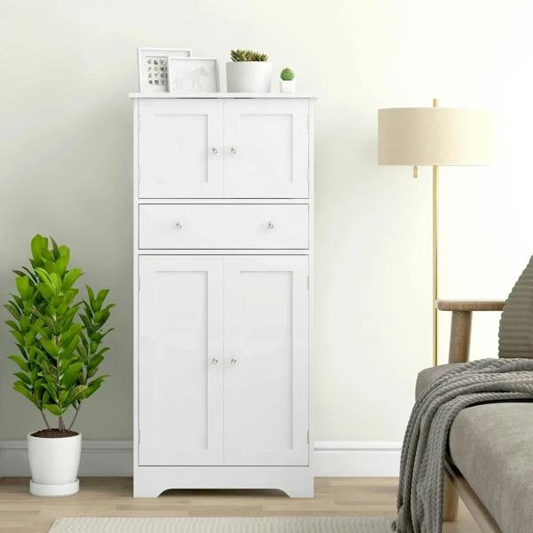 White freestanding kitchen cabinet with two doors and two drawers