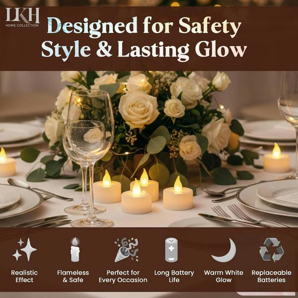 LKH HOME COLLECTION LED Tea Lights Candles – Pack of 12 Battery Operated Tea Light Votive Candles – Flameless Warm White LED Candle