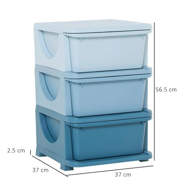 Blue 3-tier plastic storage unit with three lidded drawers and shown measurements