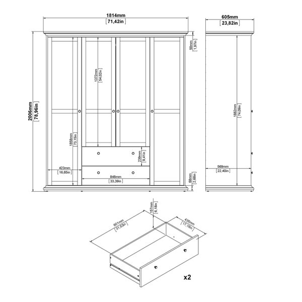 Wyld Haus Osaka Farmhouse White Wooden Wardrobe 4 Doors 2 Drawers
