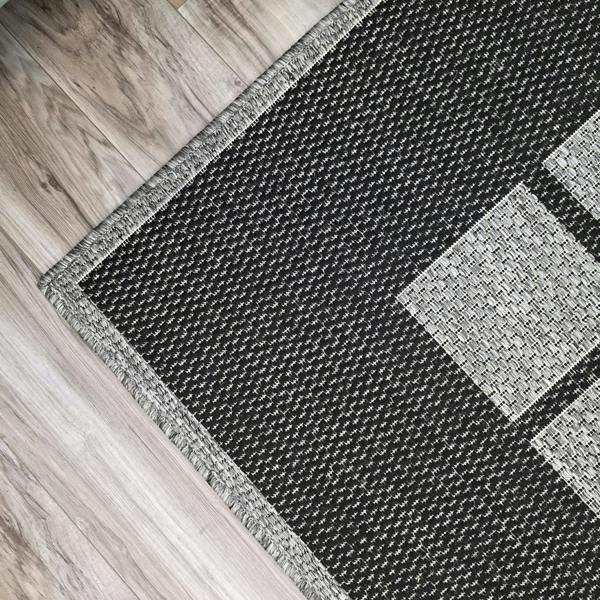 Viva Rugs Non-Slip Black Grey Rug Geometric Border Design Flat Weave Kitchen Dining Room Living Room Area Mat