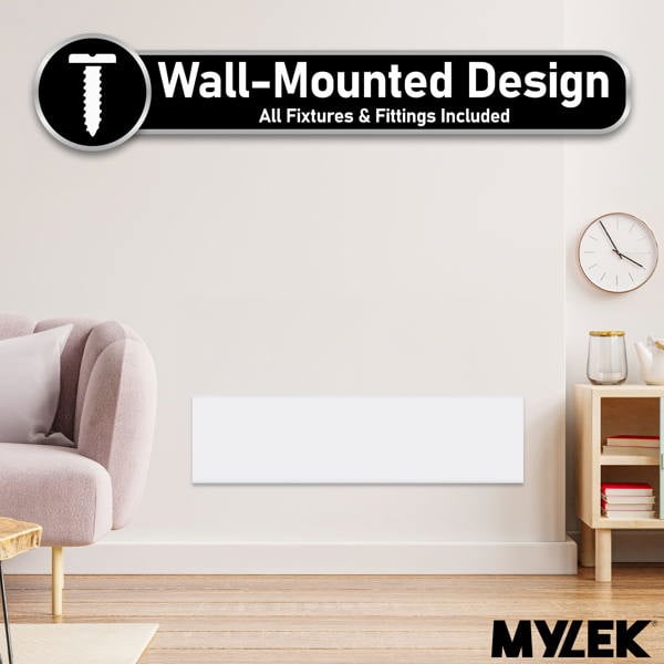 MYLEK Panel Space Heater White Low Level 1KW Eco, Smart and WiFi App Slimline Low Energy - Wall Mounted, Bathroom IPX4