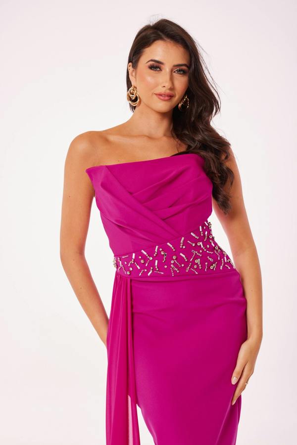 LuvForever Fuschia Strapless Jewelled Drape Midi Dress