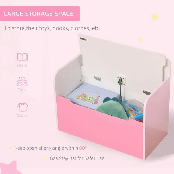 Pink kids toy box storage bench with open lid showing toys inside the compartment.