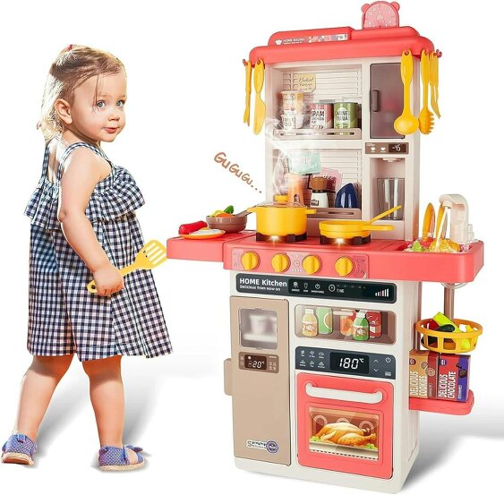 deAO Toys Pink Kitchen Playset – Realistic Lights & Sounds, Simulated Spray, Role-Play Toy with Accessories. Perfect Gift for Kids