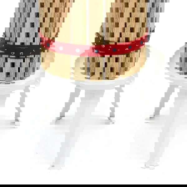 KuKoo 6 Litre Fruit Press with wooden slats, red metal band, and white plastic base, designed for efficient fruit extraction